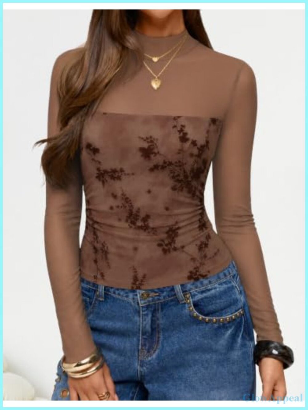 ZESICA Women's Long Sleeve Turtleneck Floral Sheer Mesh Ruched Top - Picture 3 of 6